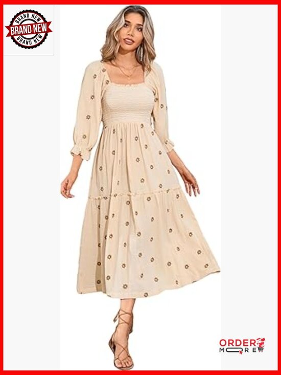 Dresses & Skirts - Long Sleeve Cotton Boho Midi Dress Square Neck Floral Embroidered Tiered Ruffle